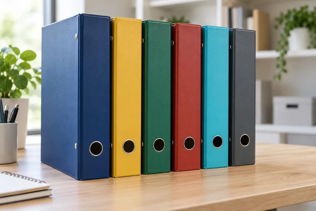 Classeurs à anneaux colorés alignés debout sur un bureau