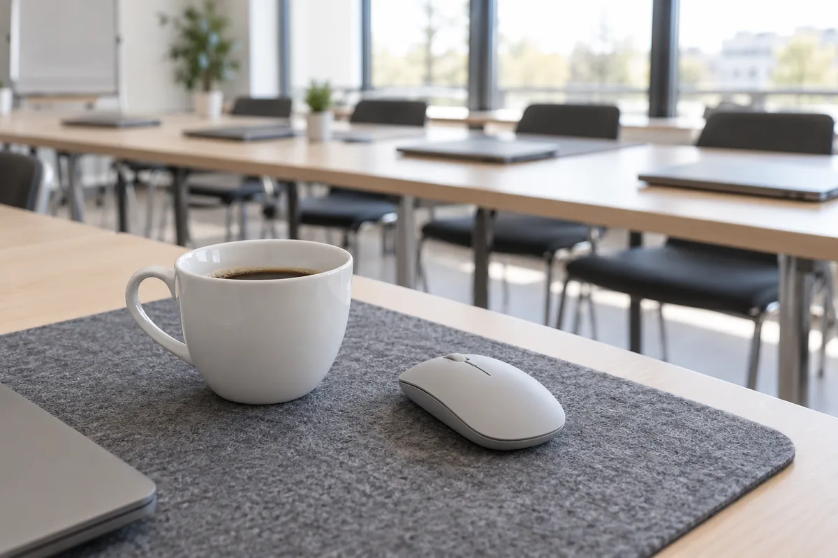 Tasse et souris compacte sur un tapis de bureau gris en salle de formation