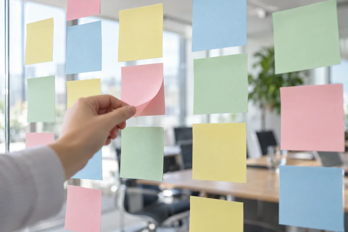 Mur vitré couvert de notes adhésives vierges de couleurs pastel dans une salle de réunion claire