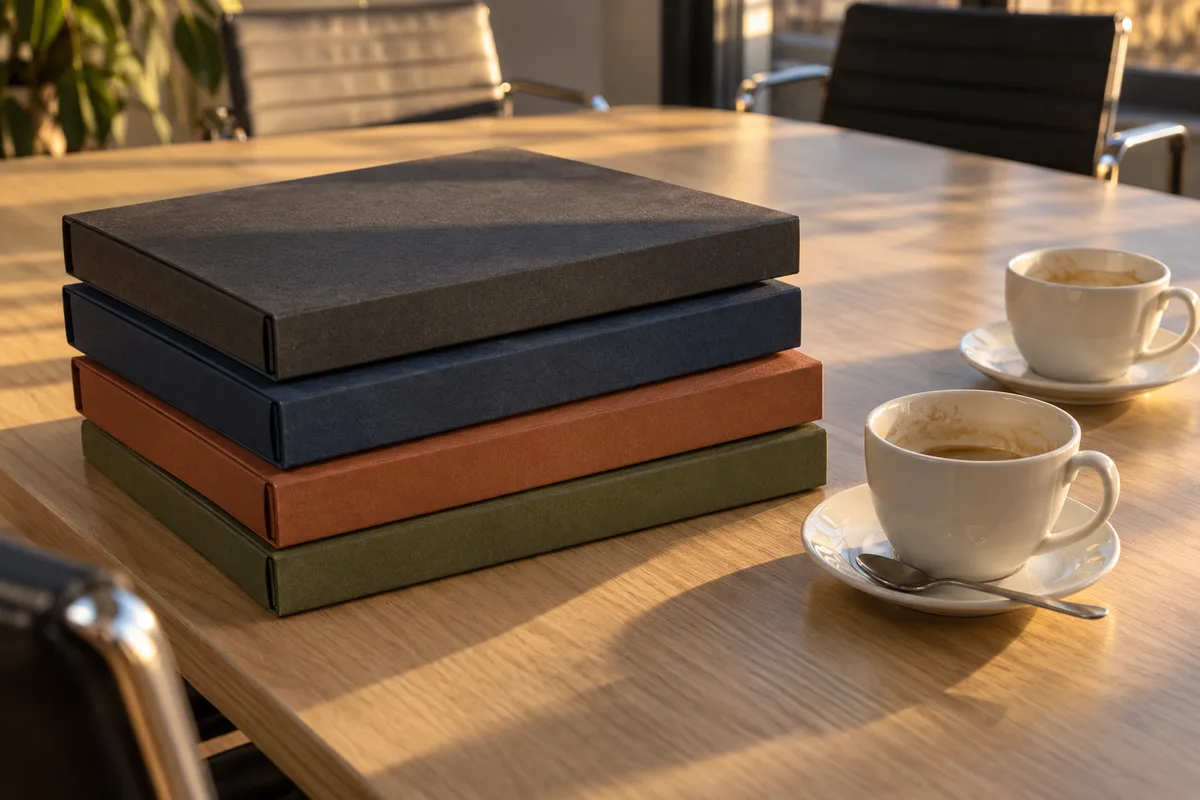 Dossiers fermés à couverture unie empilés près de tasses de café sur une table de réunion en bois clair