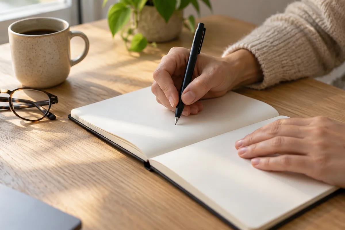 Mains tenant un stylo au-dessus d&rsquo;un carnet ouvert aux pages blanches posé sur un bureau
