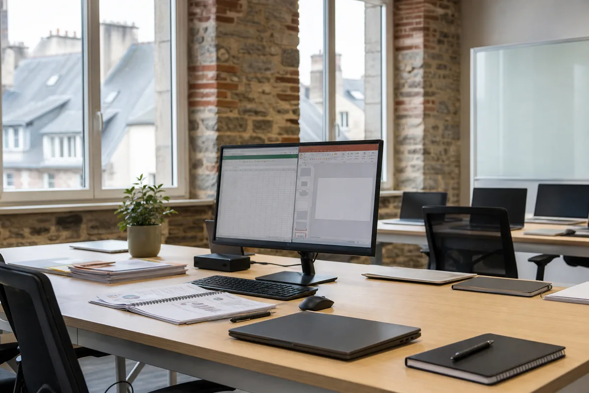 Poste de travail bureautique avec documents, tableur et logiciel de présentation