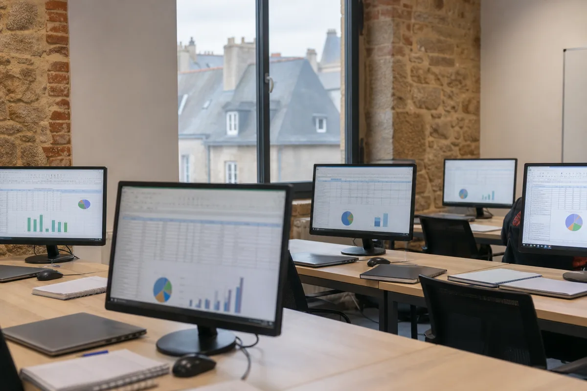 Salle de formation bureautique avec écrans affichant des tableaux Excel