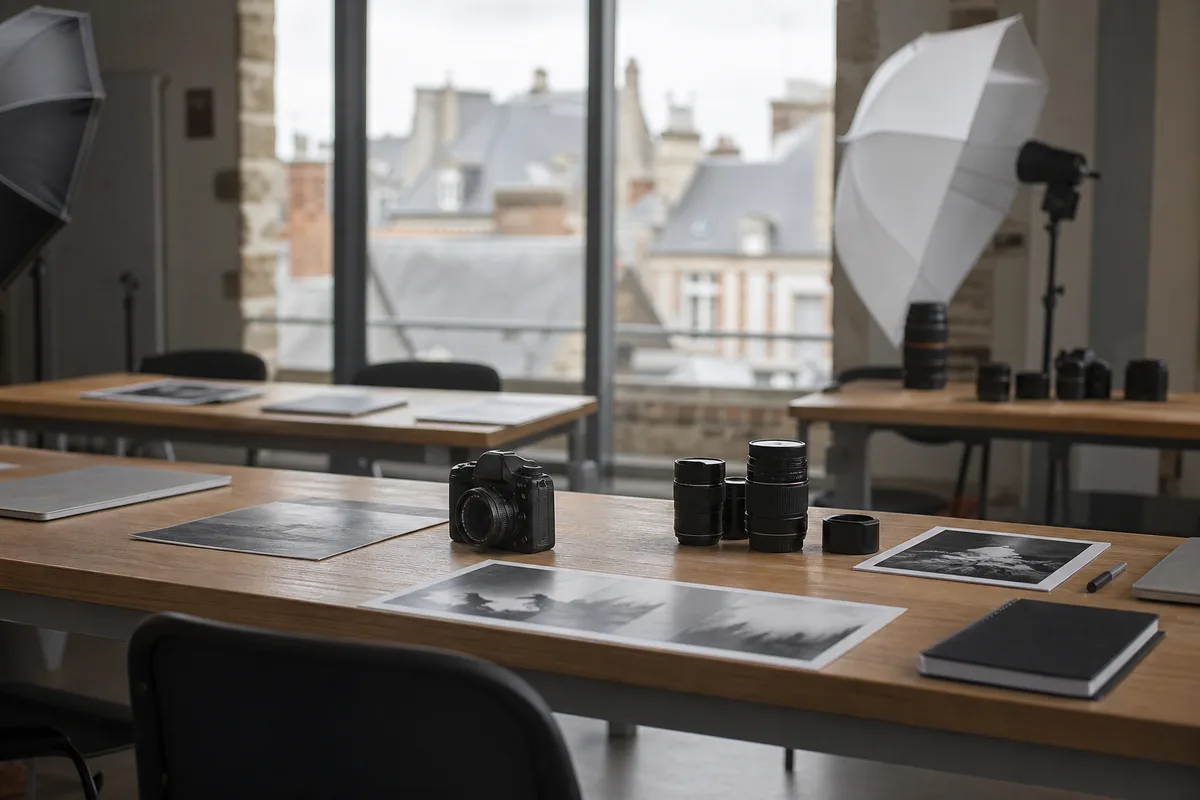 Atelier photographique avec appareils, éclairages et tirages sur table