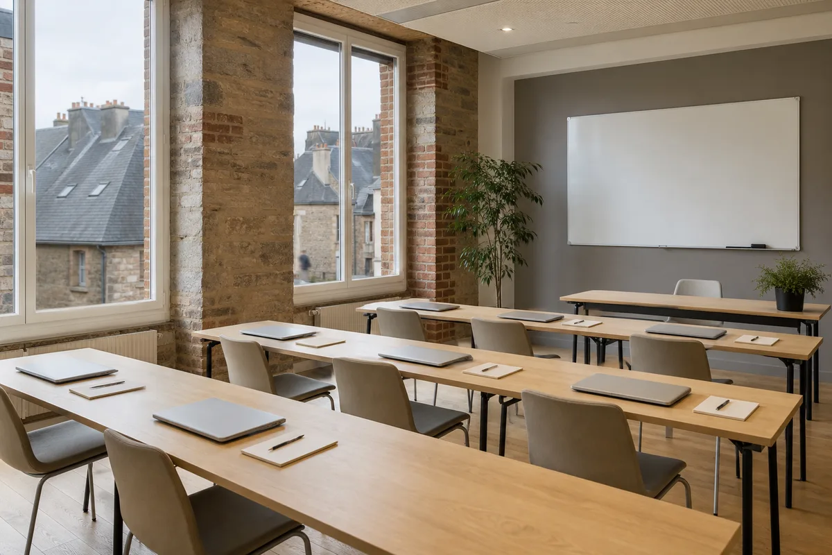Salle de formation lumineuse avec ordinateurs portables ouverts sur des tableurs et un tableau blanc